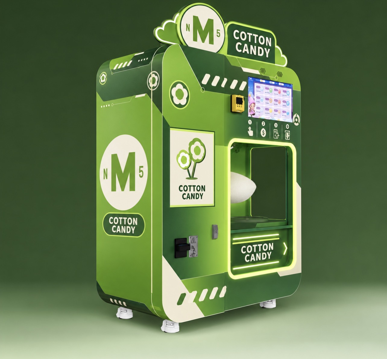 Green MN5 cotton candy vending machine with branded cotton candy display