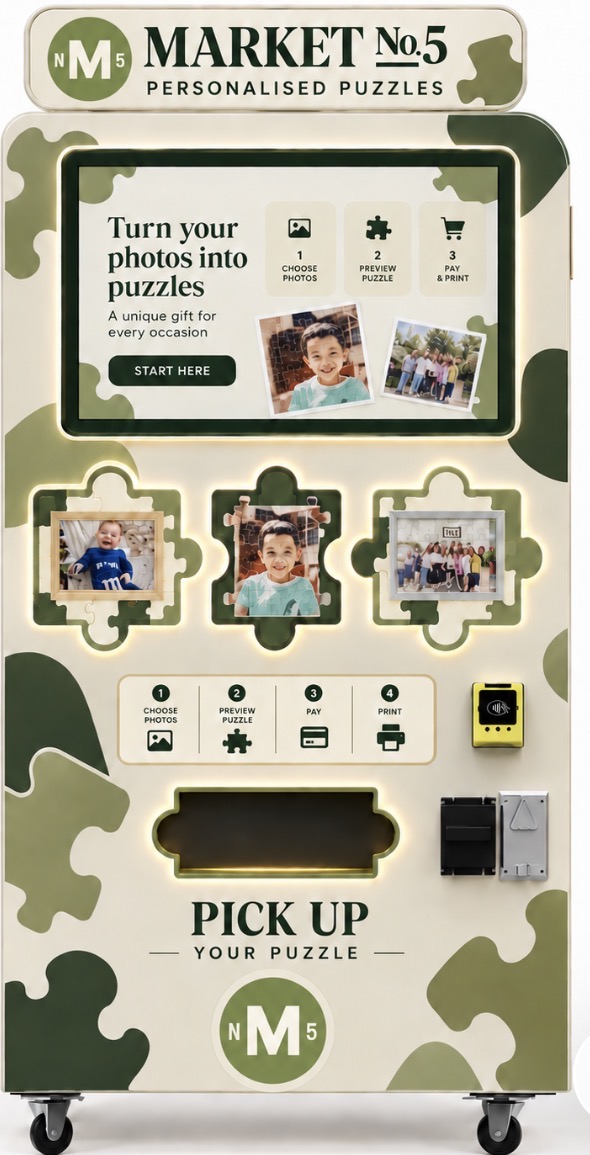 MN5 personalised puzzle vending machine with a touchscreen for choosing photos, previewing a puzzle, paying and printing a jigsaw