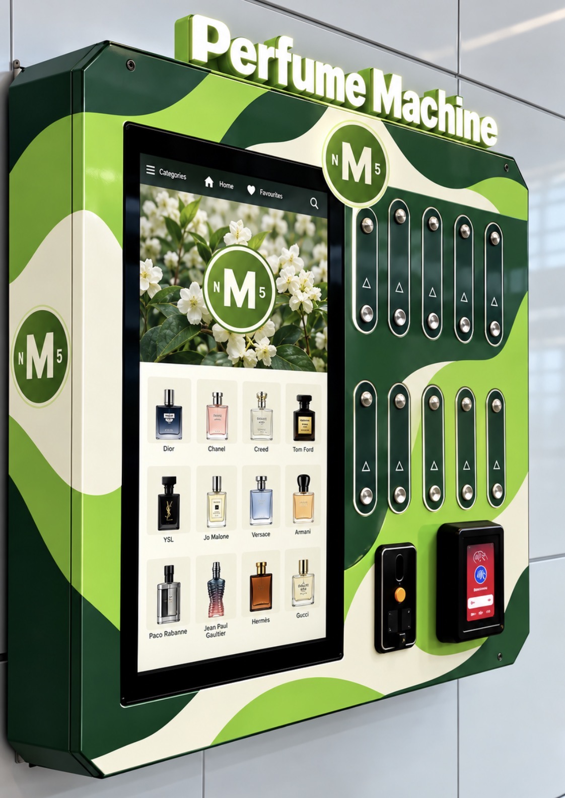 Green and cream MN5 perfume vending machine with a touchscreen, fragrance selection and contactless payment terminal