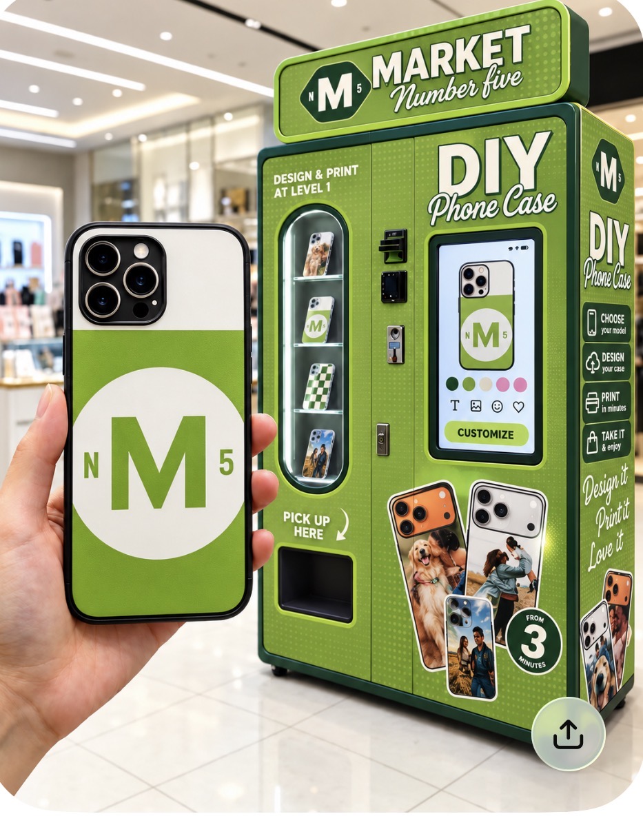 Green Market No.5 DIY phone case printing vending machine in a shopping centre, with a personalised MN5 case