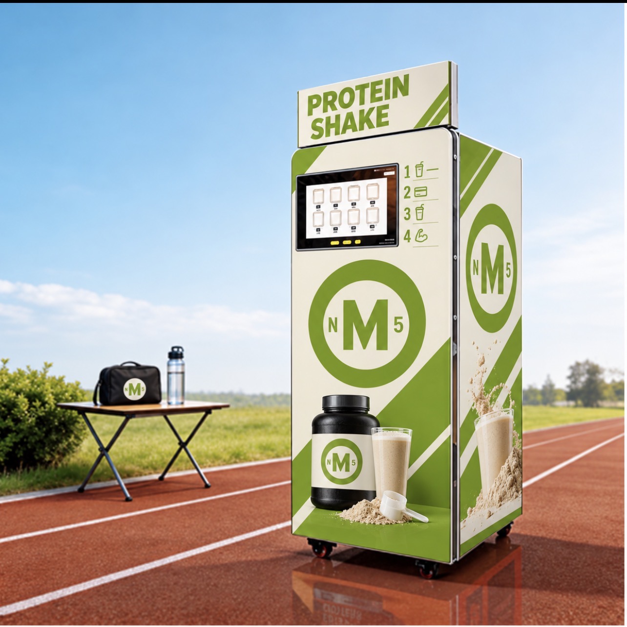 MN5 protein shake vending machine beside a running track, with protein powder, a shaker bottle and a prepared shake