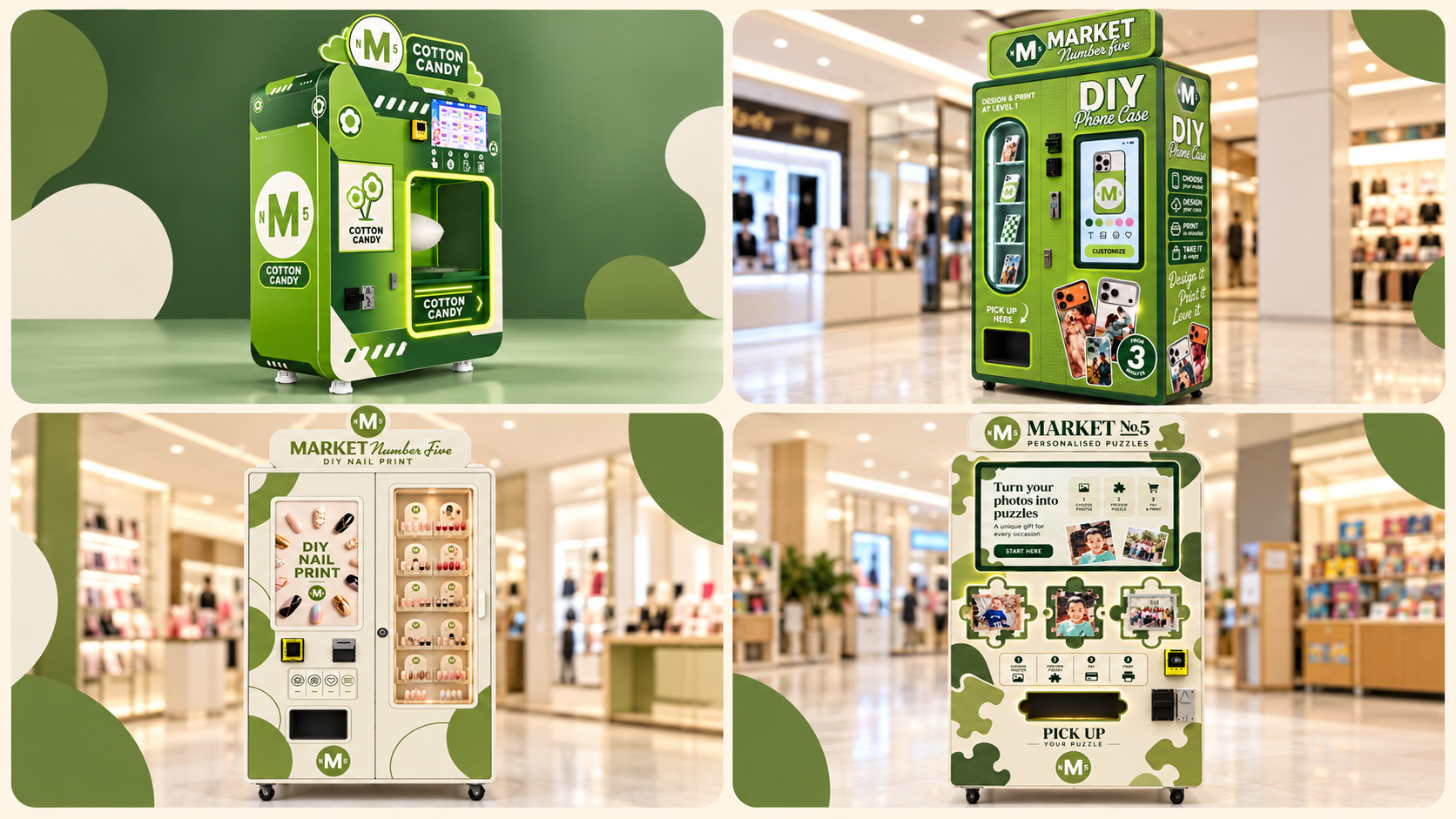 Market No.5 vending machine concepts: cotton candy, personalised phone cases, nail printing, photo puzzles and protein shakes